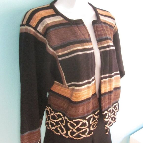 Bill Baber Handknit Edinburgh Scotland Brown Stripe Crop Cardigan Sweater Size M - Picture 7 of 12